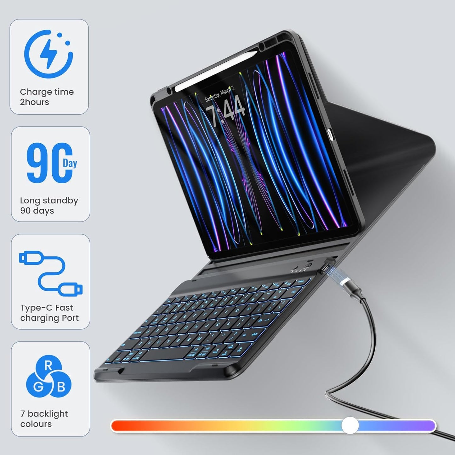 OYEEICE Keyboard Case for iPad Pro 12.9 inch 6th Gen 2022, 5th 2021, 4th 2020, Rotating Detachable Clear Cover with 7 Colorful Backlit Keyboard Wireless, Pencil Holder, Auto Wake/Sleep - Black