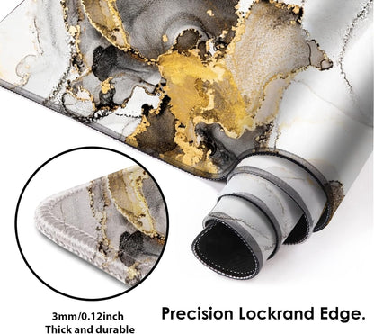 Galdas Large Mouse Pad XXL XL Large Mouse Pad Long Extended Mousepad Desk Pad Non-Slip Rubber Mice Pads Stitched Edges Thin Pad (31.5x11.8x0.12 Inch)-Ink White Gold Marble