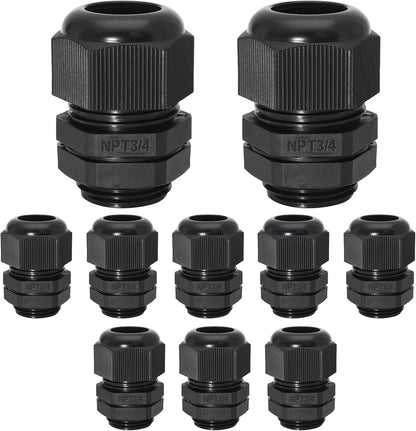10 Pcs 3/4" NPT Nylon Cable Glands, IP68 Waterproof Adjustable Cord Grip Cable Connector Strain Relief Wire Protectors for 13-18mm Cable Diameter, Black