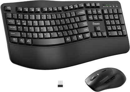Wireless Keyboard and Mouse Combo,2.4G Full Size Wave Keys Ergonomic Keyboard with Wrist Rest for Natural Typing, 3 DPI Adjustable Ergonomic Silent Mouse for Computer/Laptop/Windows/Mac (Black)
