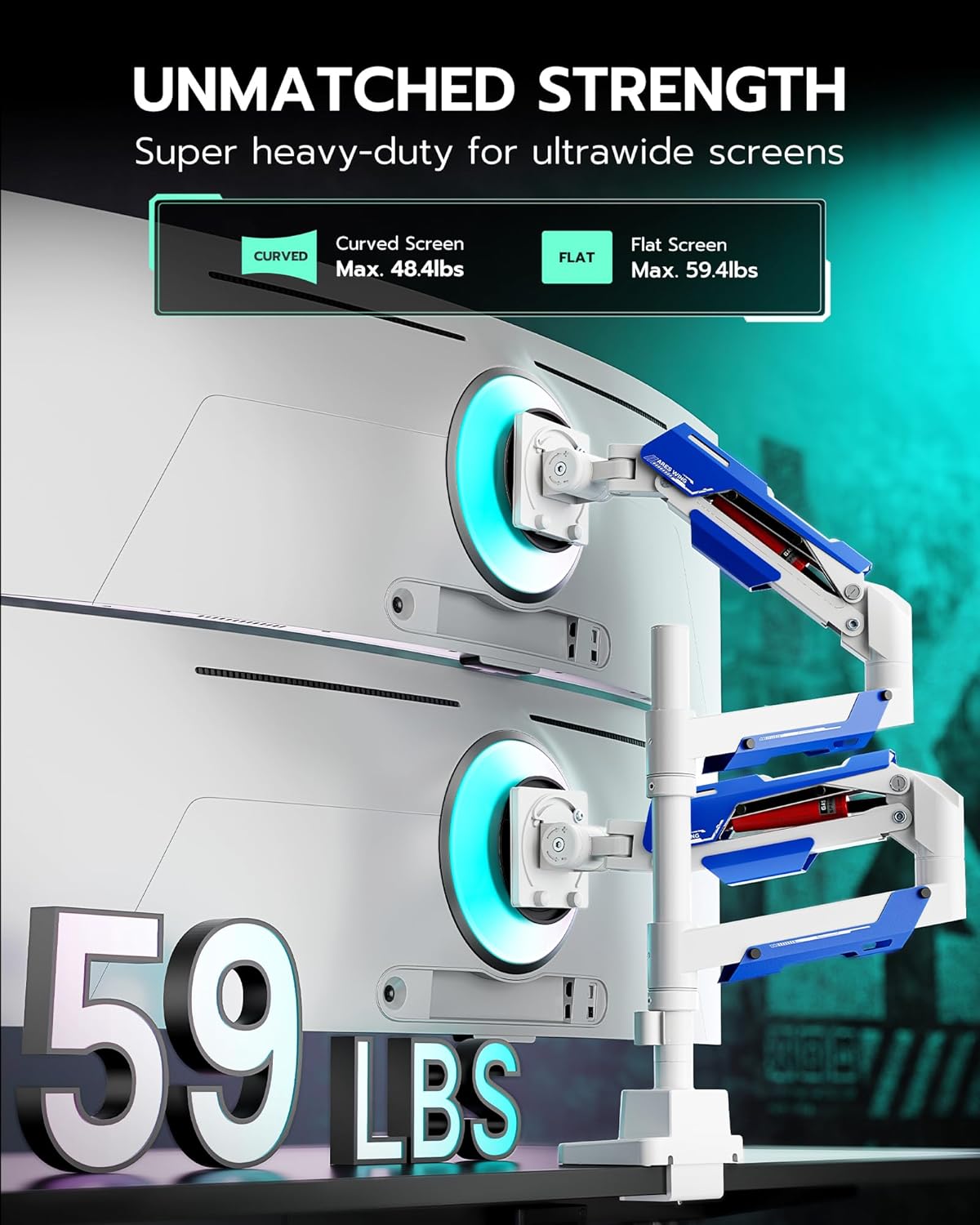 ARES WING Dual Monitor Mount, Adjustable Stacked Monitor Stand with USB A/C, Heavy Duty Gas Spring Monitor Desk Stand for 2 Monitors for 24-57 Inch Ultrawide Screen, 75/100/200 Vesa Mount, White