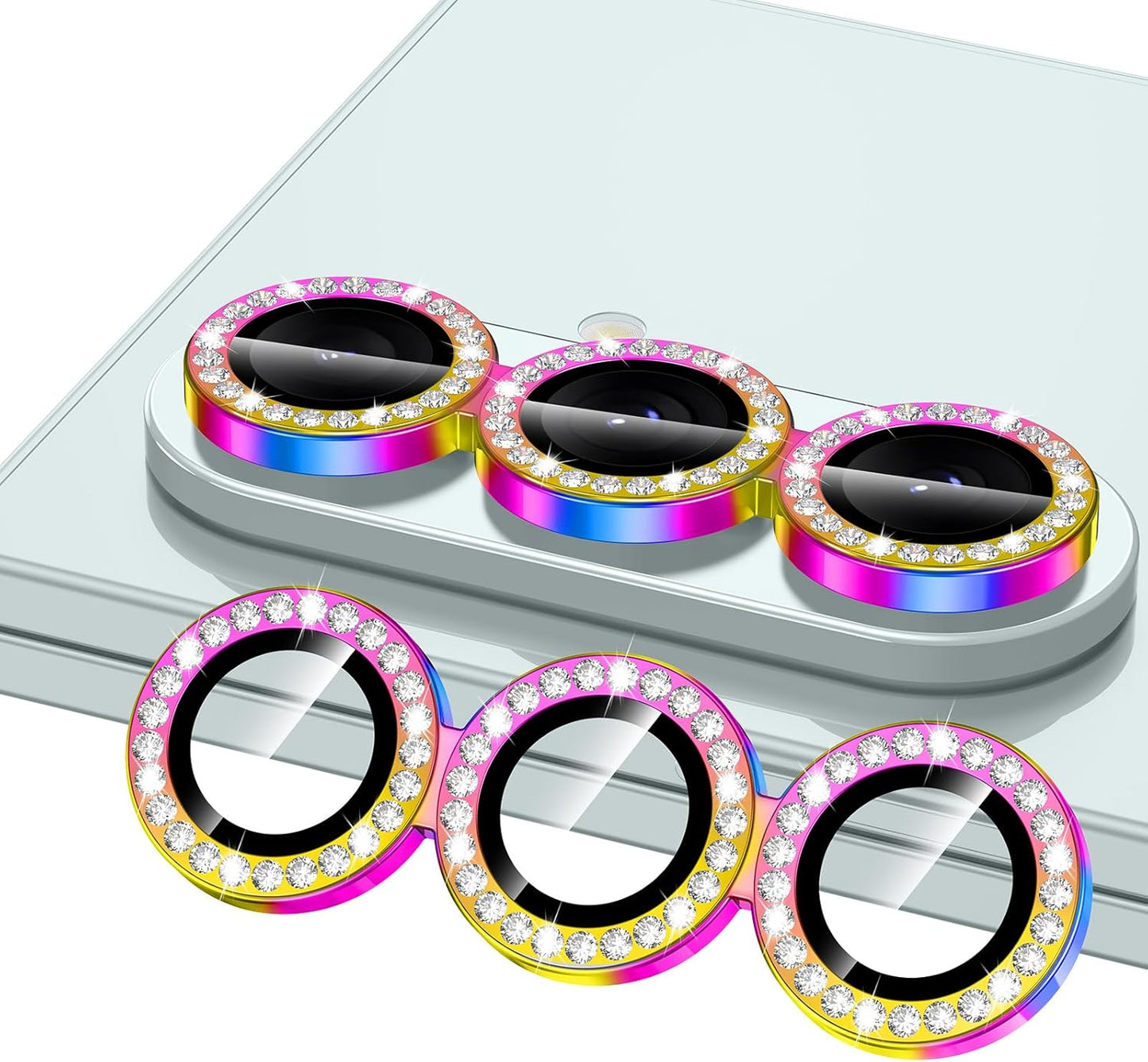 for Samsung Galaxy Z Fold 7 Camera Lens Protector, Individual Metal Ring Tempered Glass Lens Cover, [Strong Adsorption] Scratch Resistant Ultra-Thin HD Clear Lens Cover, 1 Set-Colorful Diamond