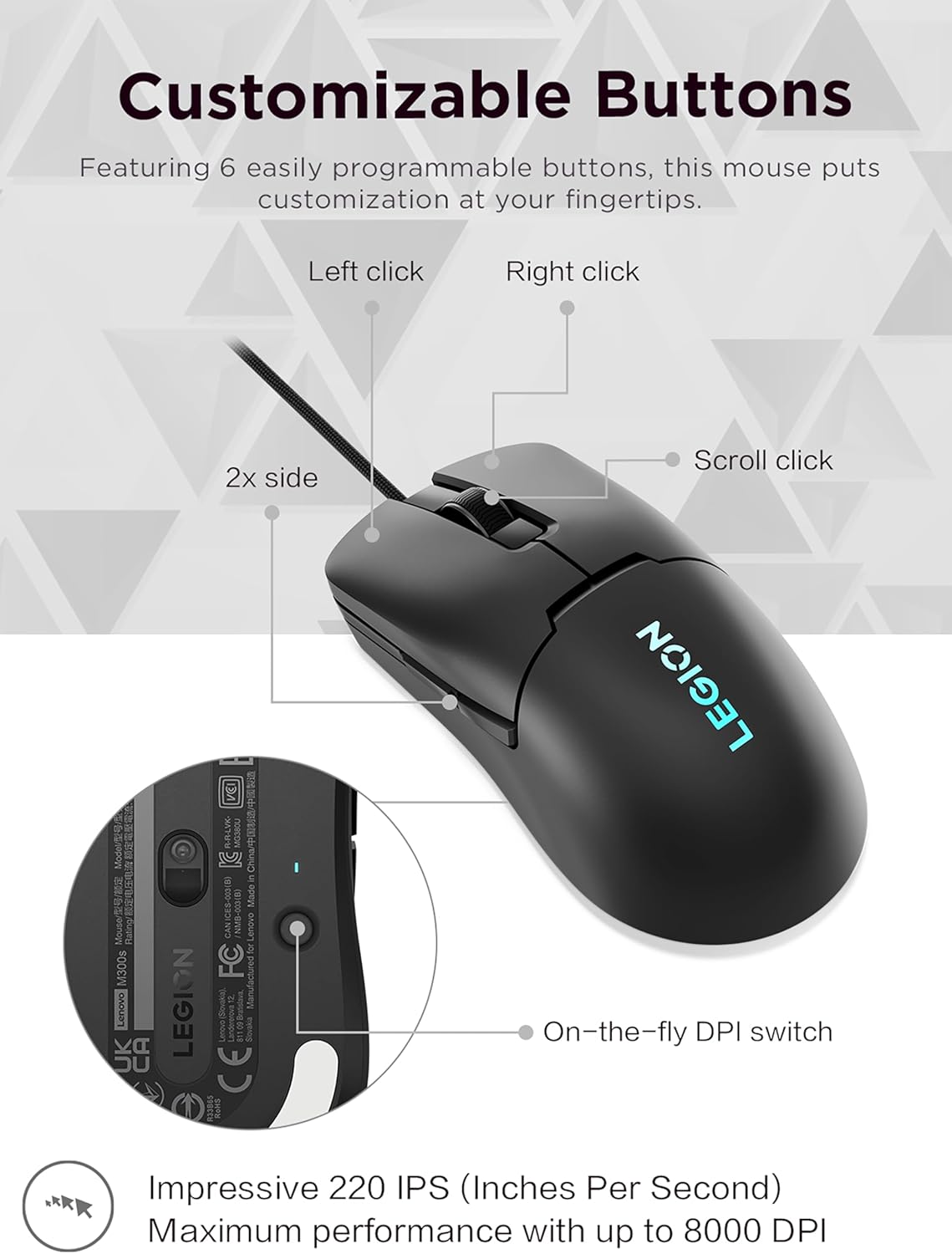 Lenovo Legion M300s RGB Wired Gaming Mouse - 8,000 DPI Adjustable Sensor, 6 Programmable Buttons & 20-Million Clicks Durability with Optimized Comfort (Black)