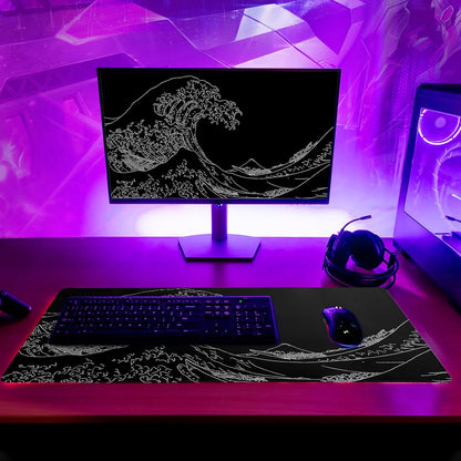 Japanese Sea Wave Large Mouse Pad Abstract Black Mouse Pad 31.5x11.8 Inch Black Kanagawa Texture Non-Slip Rubber Base Large Ocean Mousepad Stitched Edge Keyboard Mouse Mat Desk Pad for Office and Home