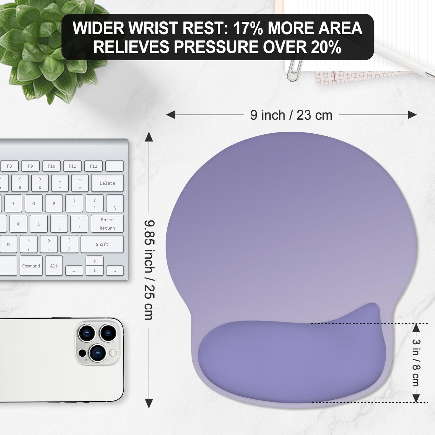 ITNRSIIET Ergonomic Mouse Pad with Wider Memory Foam Wrist Rest +17%, Curved Cushion Reduces Pressure 20%, Pain Relief, Non-Slip, Smooth, Cute Color Desk Accessory, 9.85 x 9 inch, Purple Gradient