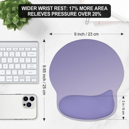 ITNRSIIET Ergonomic Mouse Pad with Wider Memory Foam Wrist Rest +17%, Curved Cushion Reduces Pressure 20%, Pain Relief, Non-Slip, Smooth, Cute Color Desk Accessory, 9.85 x 9 inch, Purple Gradient
