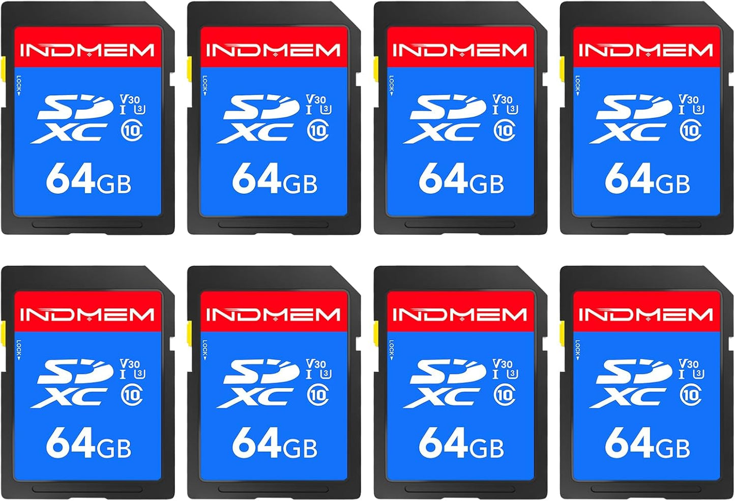 INDMEM SD Card 64GB 8-Pack, Class 10 64GB High Speed up to 90M/S Full HD Video Flash Memory Card MLC Standard Secure Digital Cards Camera Cards