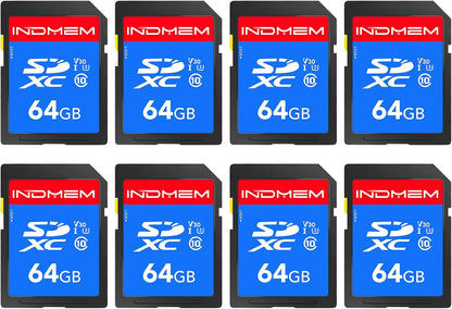 INDMEM SD Card 64GB 8-Pack, Class 10 64GB High Speed up to 90M/S Full HD Video Flash Memory Card MLC Standard Secure Digital Cards Camera Cards