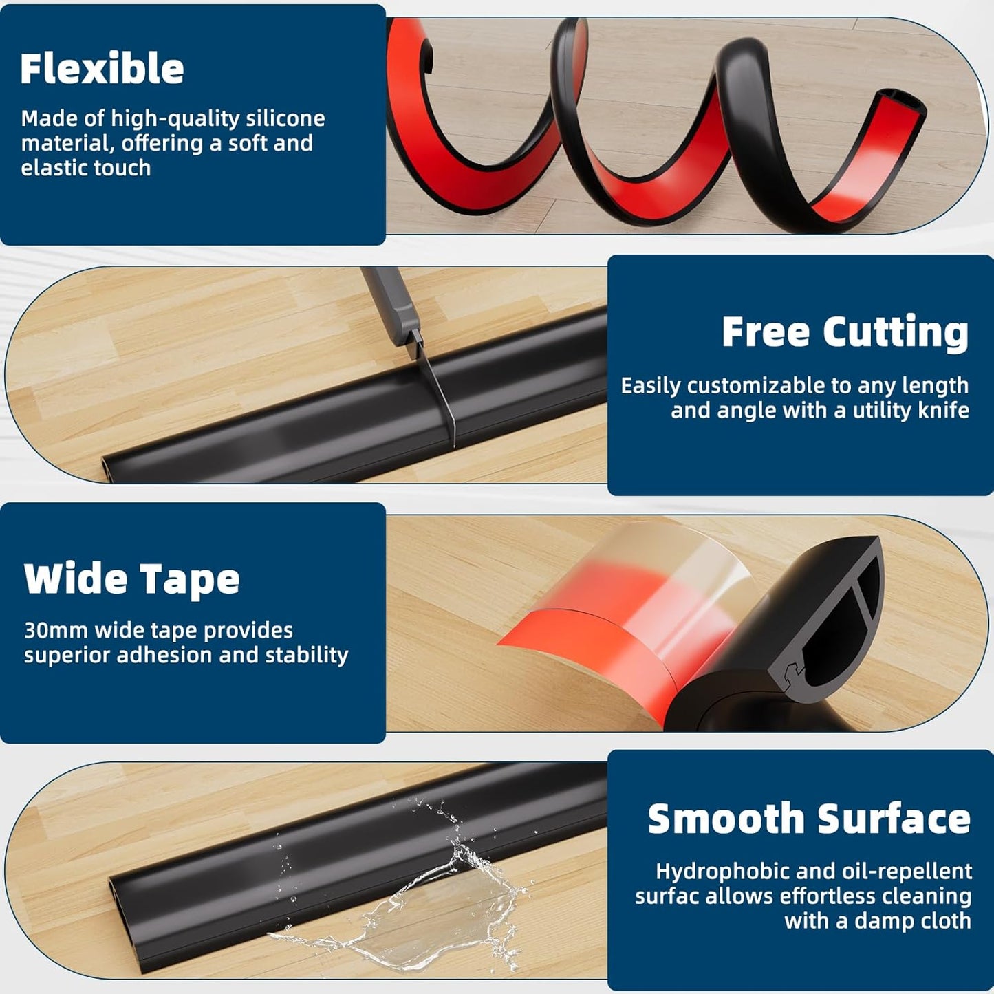 4ft Side Buckle Floor Cord Cover for Wires, Selfadhesive Extension Cord Hider Easy Floor Cable Management Prevent Cable Trips,Silicone Floor Wire Covers for Cords, Cable Protector Cord Cavity（Black）