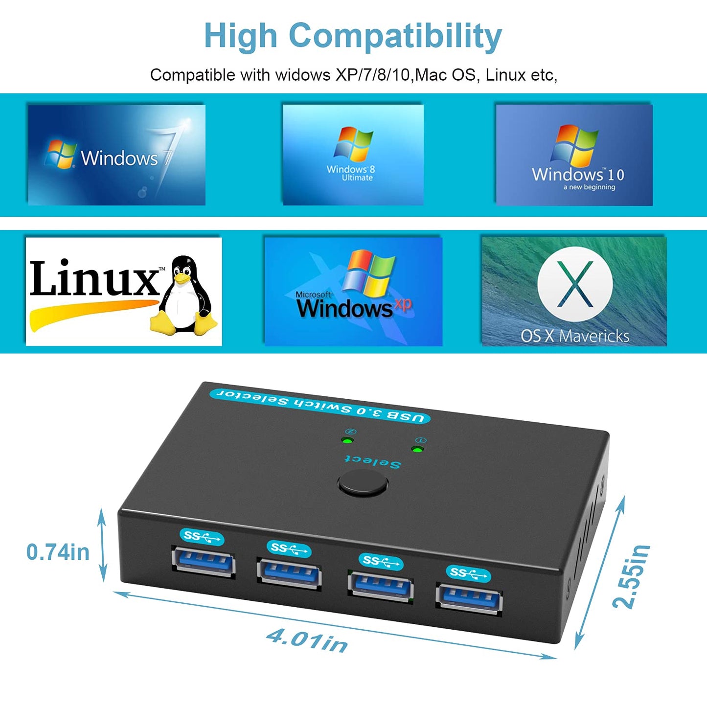 SGEYR USB 3.0 Switch USB Switcher 2 Computers Sharing 4 USB Devices USB Metal KVM Switch for Printer, Keyboard switches, Scanner PCs with One-Button Swapping and 2 Pack USB Cables