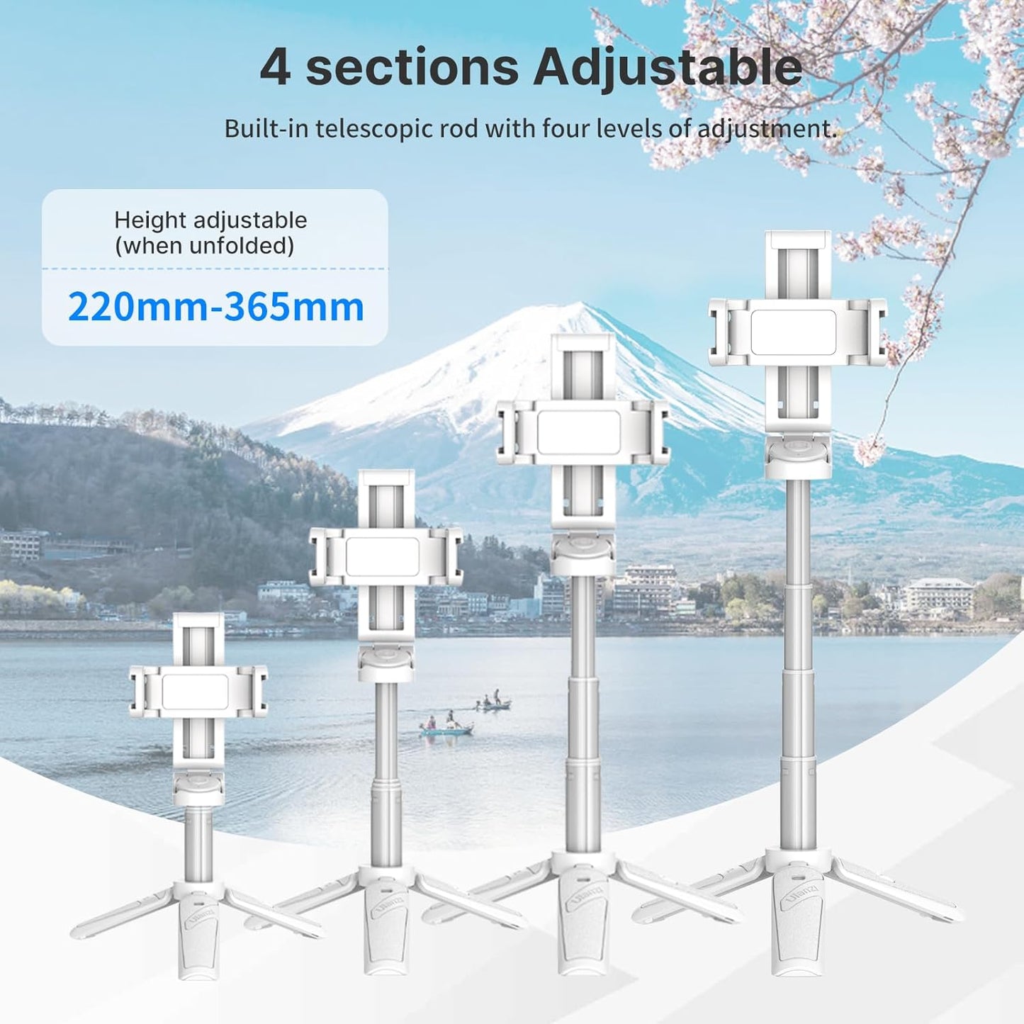 ULANZI JJ02 Selfie Stick Tripod, Extendable Grip Phone Tripod w Detachable Remote Pocket Size, 3-in-1 Mini Phone Grip 2 Cold Shoe, 10m/393.7'' Wireless Shutter, Vlog Livestreaming Photography(White)