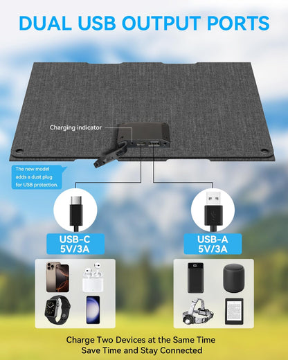 Ecosonique 30W Portable Solar Charger Foldable Solar Panels with USB C USB A ETFE Waterproof for Camping Backpacking Compatible with Cell Phone, iPhone, iPad, Samsung Galaxy, LG, Power Banks