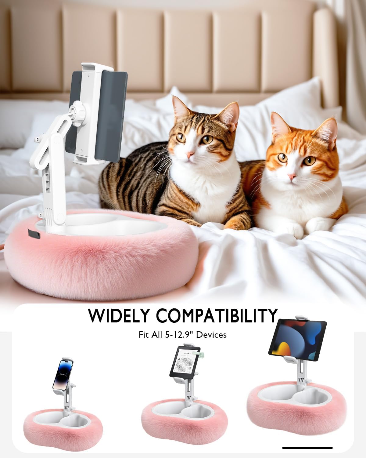 Tablet Pillow Stand, Compatible with 4.7"-12.9" Kindle, iPad, Phone/Tablet, Google, 360° Rotating Phone Holder for Bed, Detachable Bowl, Reading and Relaxation on Bed, Pink, Large (Faux Fur Pillow)