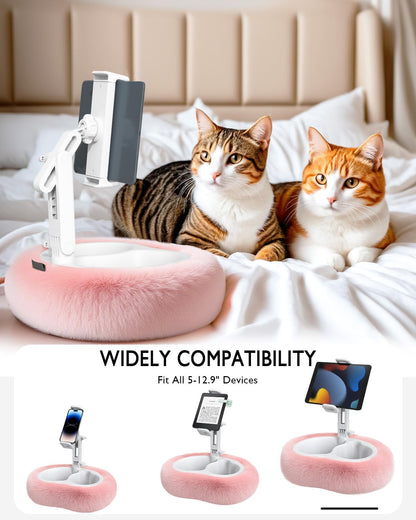 Tablet Pillow Stand, Compatible with 4.7"-12.9" Kindle, iPad, Phone/Tablet, Google, 360° Rotating Phone Holder for Bed, Detachable Bowl, Reading and Relaxation on Bed, Pink, Large (Faux Fur Pillow)