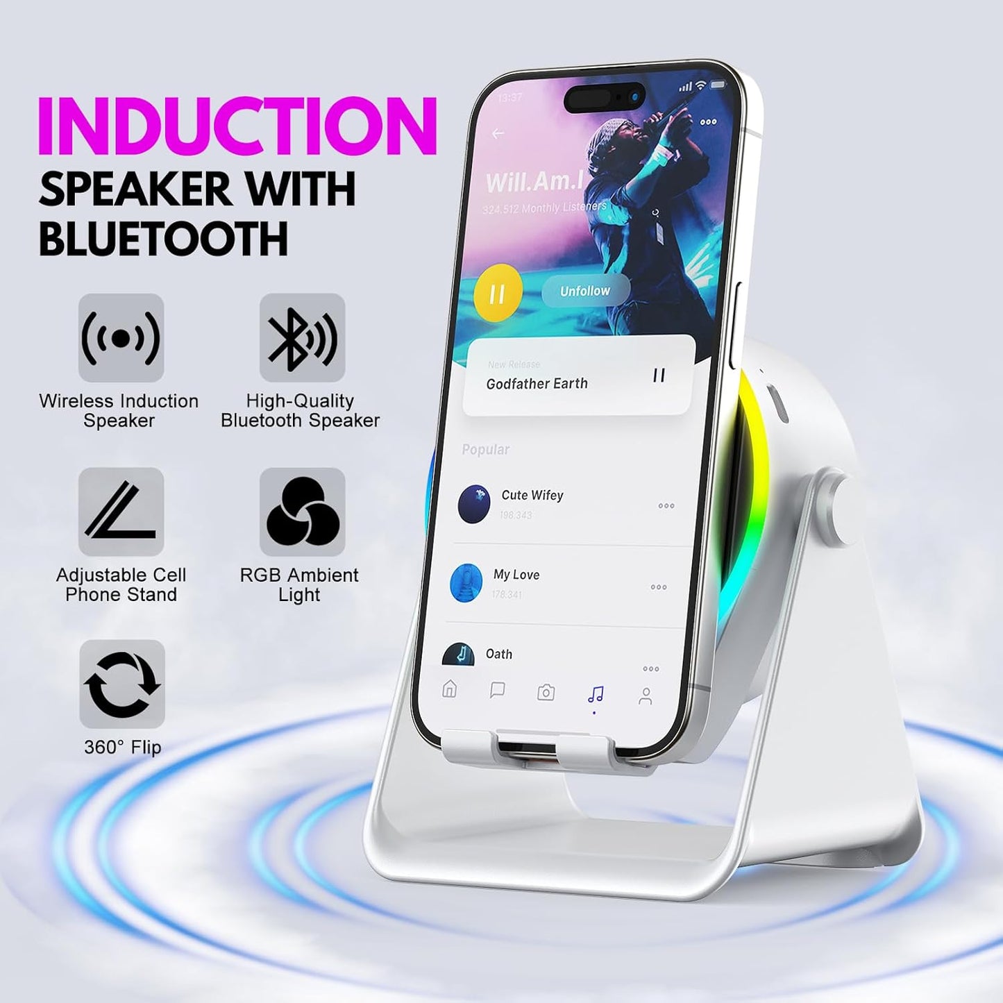Wireless Induction Speaker, 4 in 1 Bluetooth Speaker Phone Stand with RGB Light, 360° Rotation Phone Holder Compatible with iPhone Android iPad Samsung Galaxy, Birthday Gift for Men Women