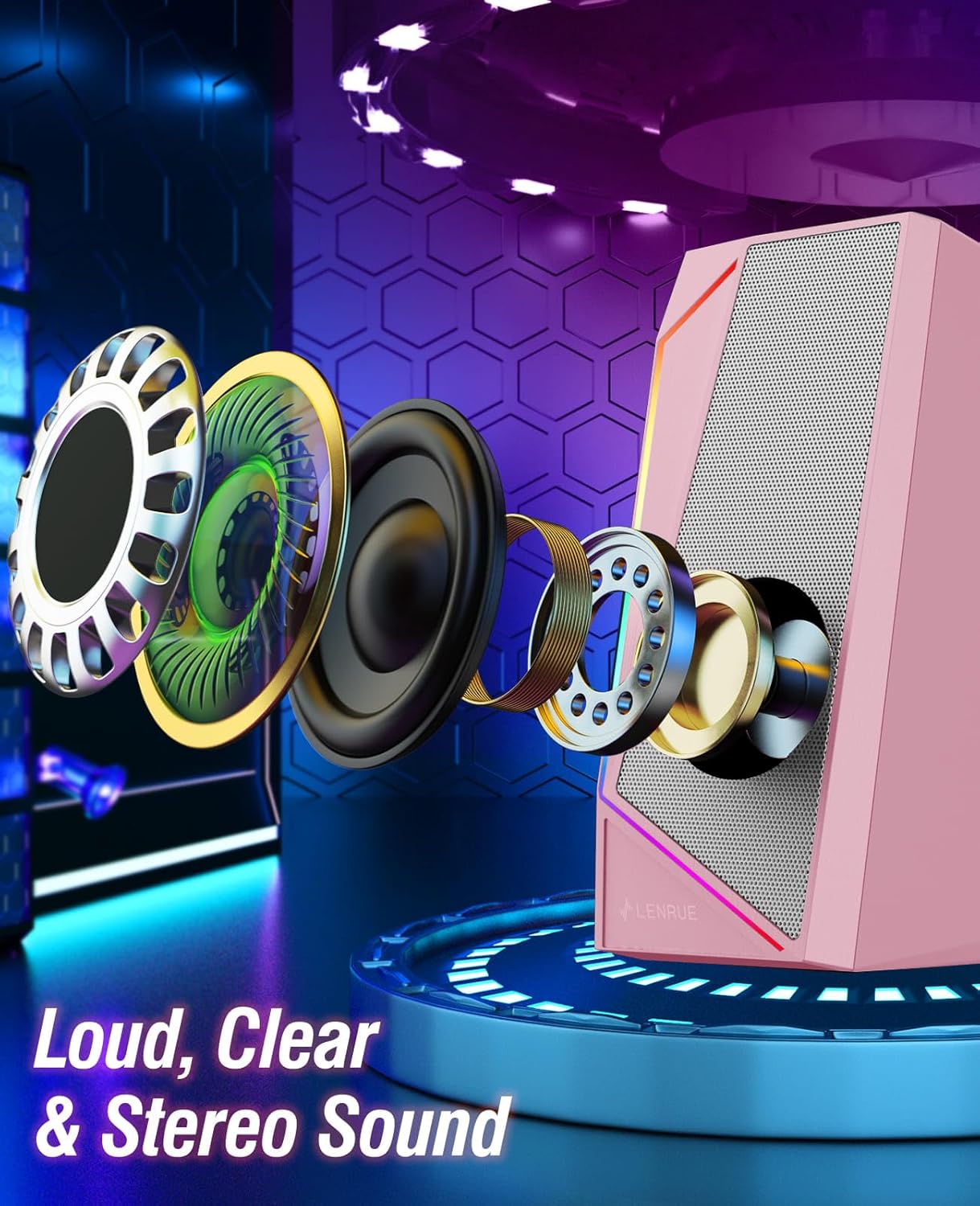 LENRUE Computer Speakers, USB/USB-C Powered PC Speakers with Loud Stereo Sound, Headphone-in for Desktop, iMac, MacBook, Laptop, Monitor (USB-C to USB Adapter Included) (Pink)