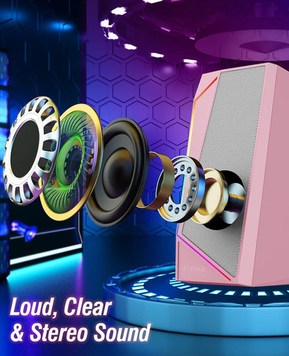 LENRUE Computer Speakers, USB/USB-C Powered PC Speakers with Loud Stereo Sound, Headphone-in for Desktop, iMac, MacBook, Laptop, Monitor (USB-C to USB Adapter Included) (Pink)
