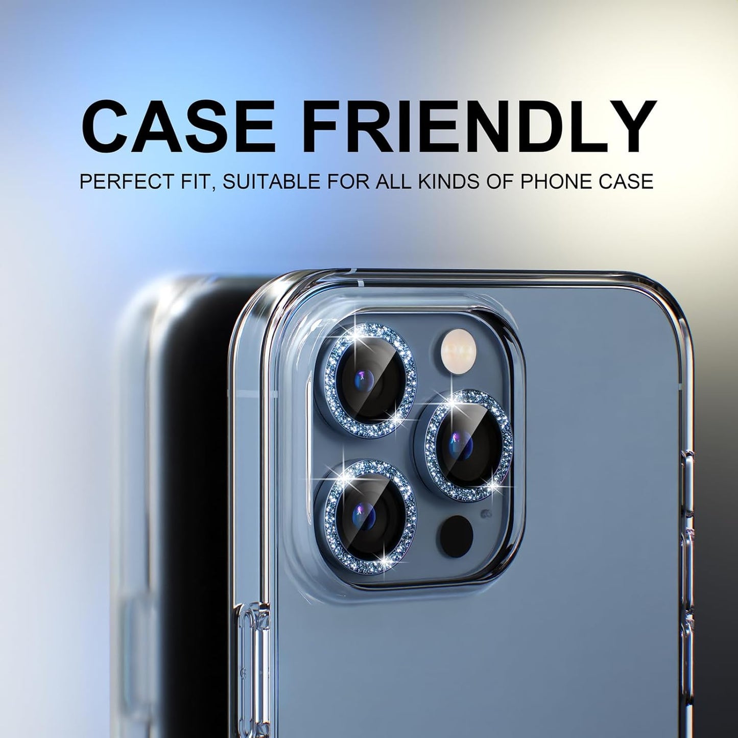 Choiche [3+1 for iPhone 13 Pro/iPhone 13 Pro Max Camera Lens Protector Bling, 9H Tempered Glass Camera Cover Screen Protector Metal Ring Decoration Accessories (Glitter-Sierra Blue)