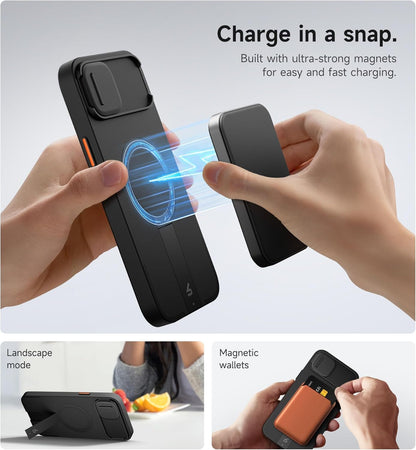 SURITCH for iPhone 14 Plus/15 Plus Case with Magnetic Camera Slide Cover and Adjustable Kickstand, Compatible with MagSafe, Shockproof Bumper Case Slim Protective Cover 6.7 Inch, Black