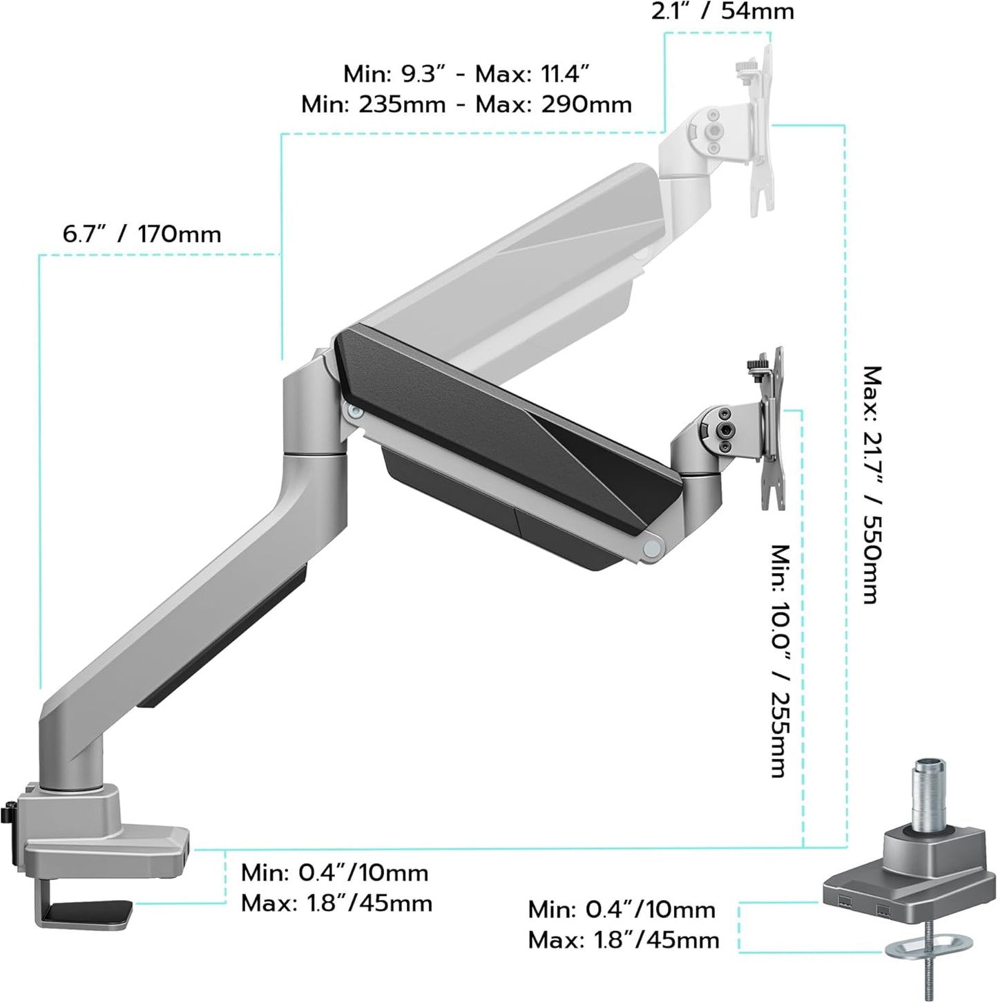 ARES WING Ultrawide Single Monitor Arm, Heavy Duty Monitor Mount for 13"-45" Curved Screens, Adjustable Stand for Desk with C-clamp & Grommet Base up to 40 LBS, Gray