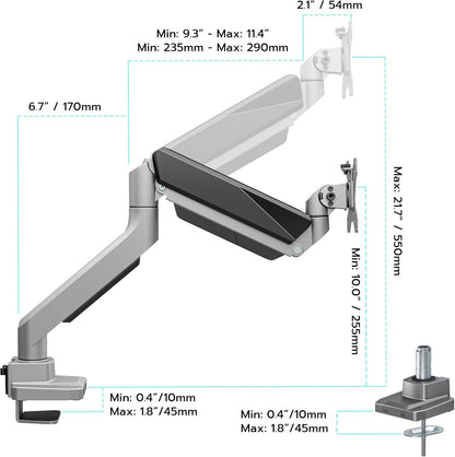 ARES WING Ultrawide Single Monitor Arm, Heavy Duty Monitor Mount for 13"-45" Curved Screens, Adjustable Stand for Desk with C-clamp & Grommet Base up to 40 LBS, Gray