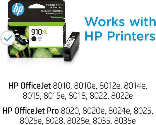 HP 910XL Black High-yield Ink Cartridge for HP Printers | Works with Printer Series: OfficeJet 8010, 8020; OfficeJet Pro 8020, 8030 | Eligible for Instant Ink | 3YL65AN