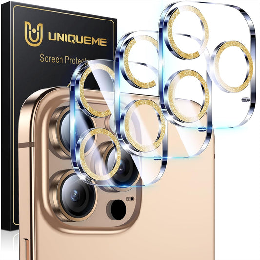 UniqueMe for 3 Pack iPhone 16 Pro/iPhone 16 Pro Max Camera Lens Protector - [Drop Protection] [Case Friendly] 9H Tempered Glass Camera Cover Screen [Update New Version] - Gold