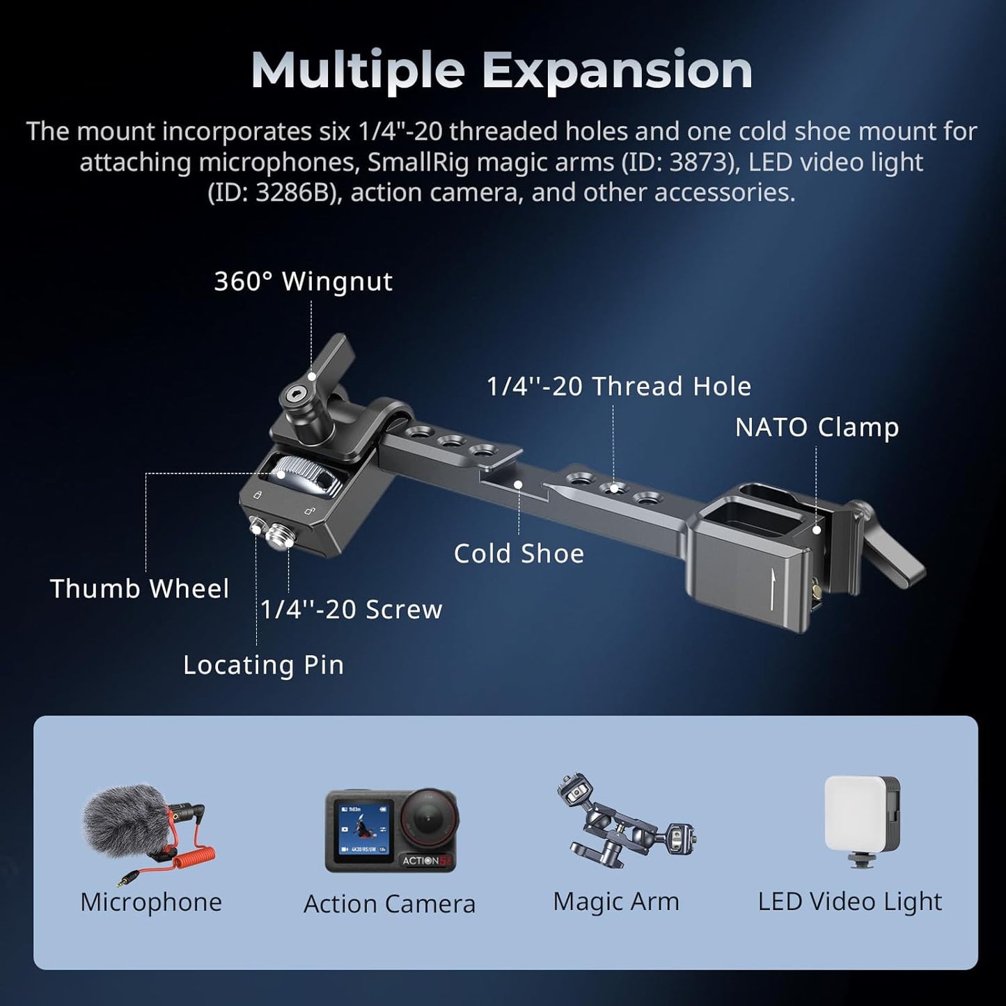 SmallRig Adjustable Camera Monitor Mount with Quick Release NATO Clamp, Cold Shoe Mount, Anti-Twist Design for DJI RS 4 Mini/RS 2 / RSC 2 / RS 3 / RS 3 Pro/RS 3 Mini - 5337