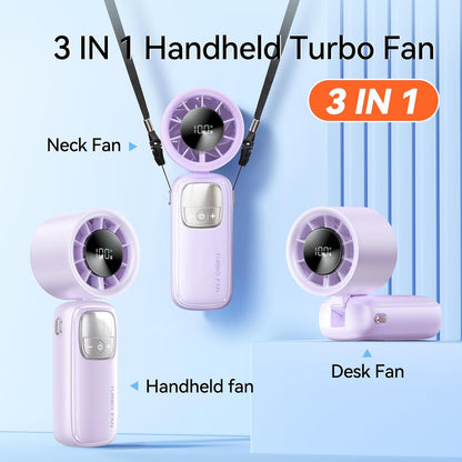 3-in-1 Portable Handheld Turbo Fan-100 Speeds, 11000 RPM, 10Hrs Cooling, LED Display, 90° Rotation, USB Rechargeable Battery Powered, Mini Foldable Hand Held Personal Fan for Women Men (Purple)
