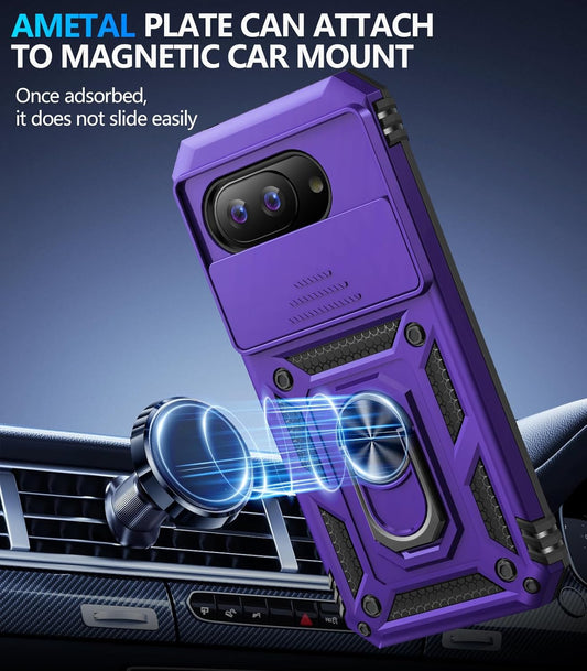 Taisairu for Google Pixel 9A Case with Screen Protector & Slide Camera Lens Cover, Built-in 360°Rotate Magnetic Ring Stand Shockproof Protective Phone Case for Google Pixel 9A Case (Purple)