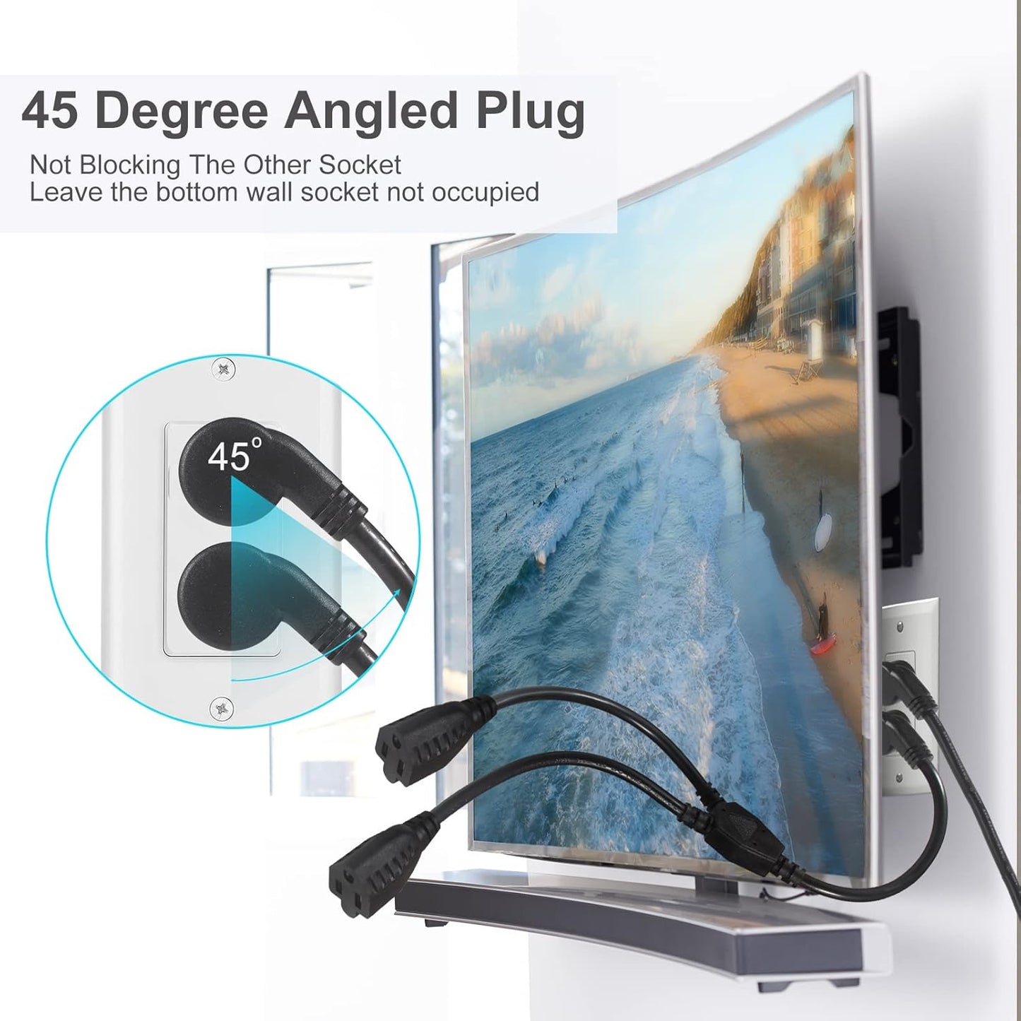 Power Extension Cord Y Splitter - 1FT Right Angled Type Flat Plug NEMA 5-15P 1 to 2 Way Outlet NEMA 5-15R SJT 16AWG 3 Prong Low Profile Black AC Power Cable Wire Extender for TV Computer Monitor