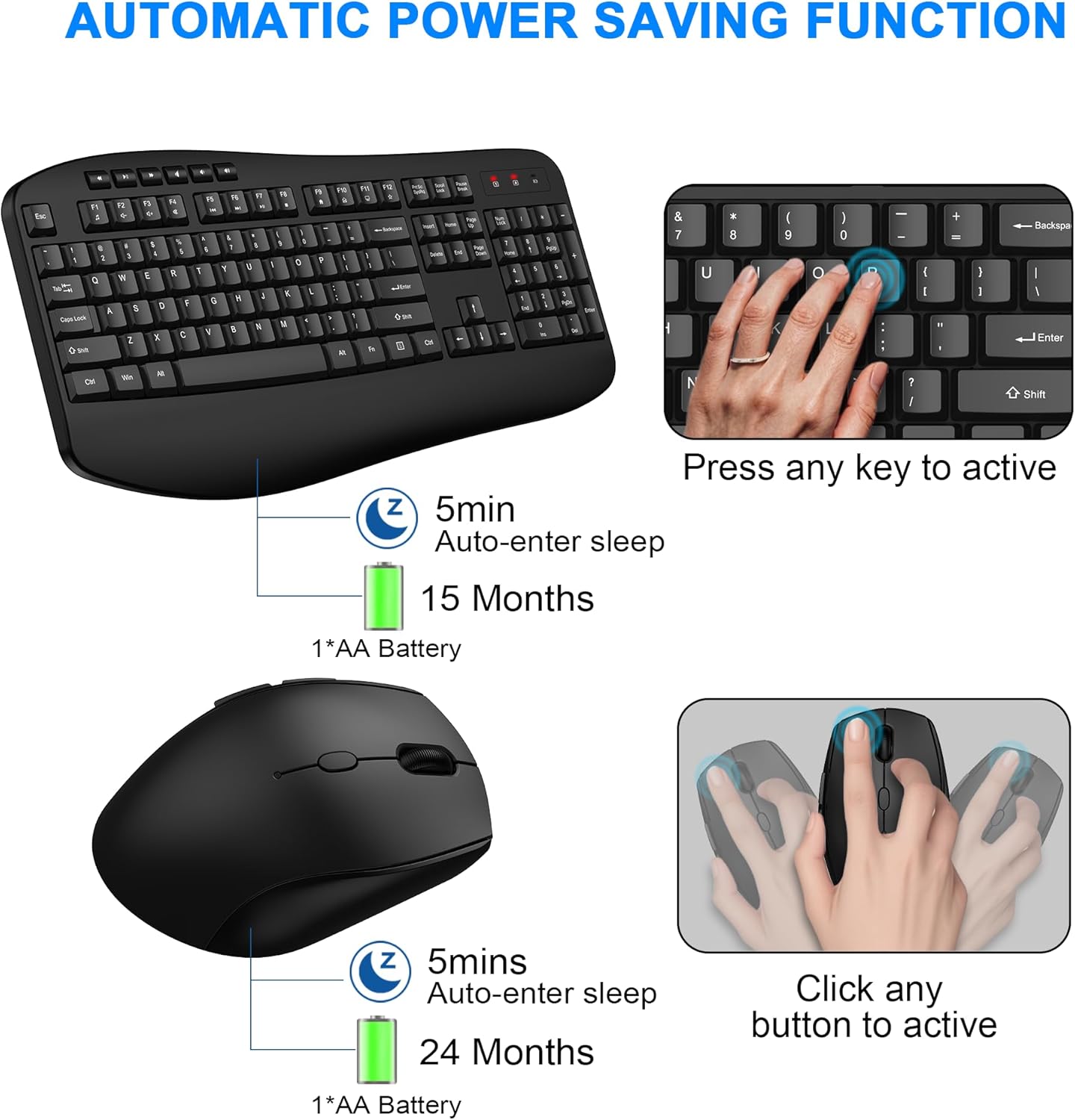 Wireless Keyboard and Mouse Combo, EDJO 2.4G Full-Sized Ergonomic Computer Keyboard with Wrist Rest and 3 Level DPI Adjustable Wireless Mouse for Windows, Mac OS Desktop/Laptop/PC（Classic Black）