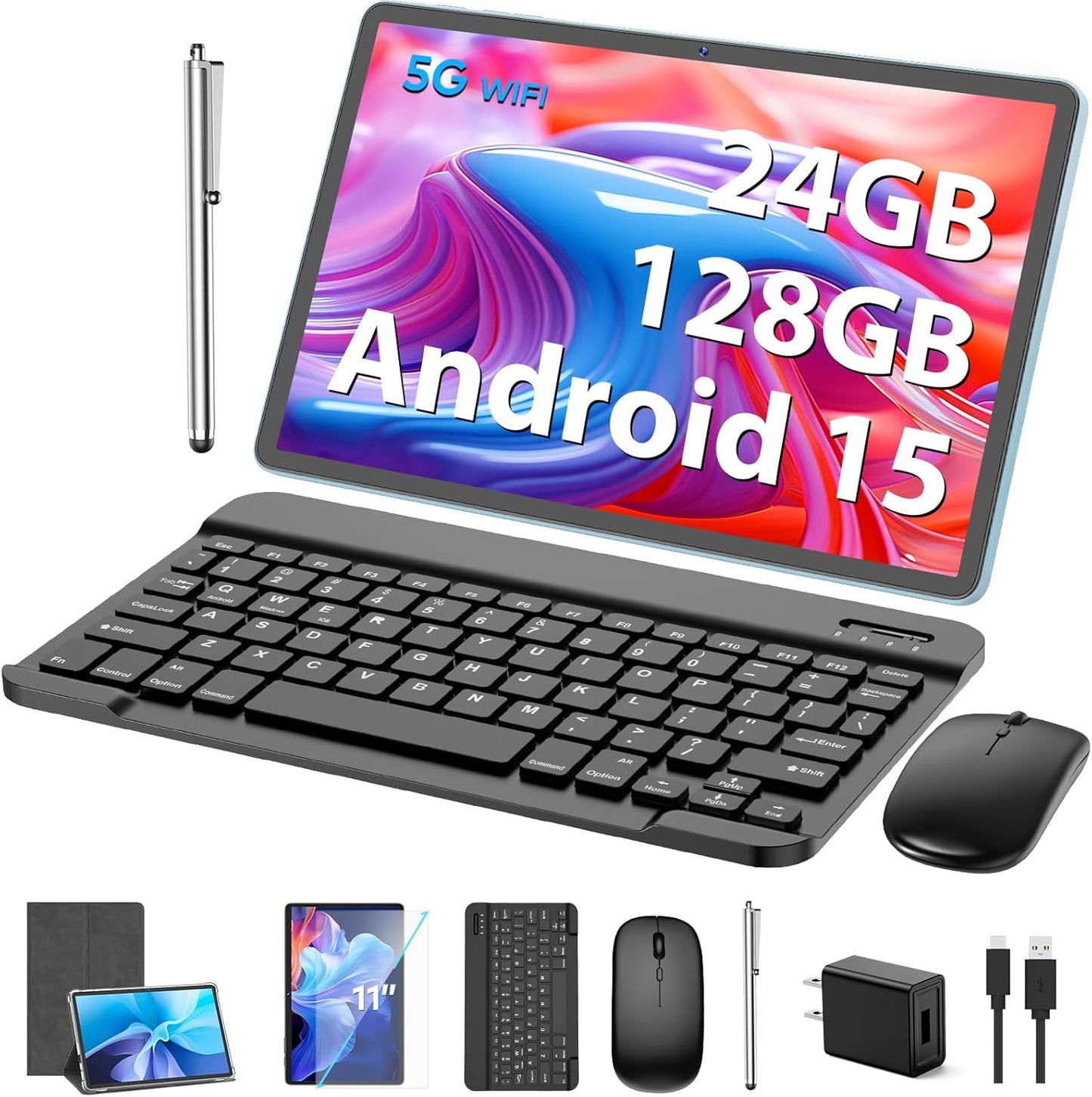 Android Tablet, 11 inch Android 15 Tablet with Keyboard, 24GB+128GB, 1TB Expand, 8000mAh, 5MP+13MP, 2.4G&5G WiFi, IPS Touch Screen, GMS Certified, 2 in 1 Tablets with Case, Mouse, Stylus(Silver)