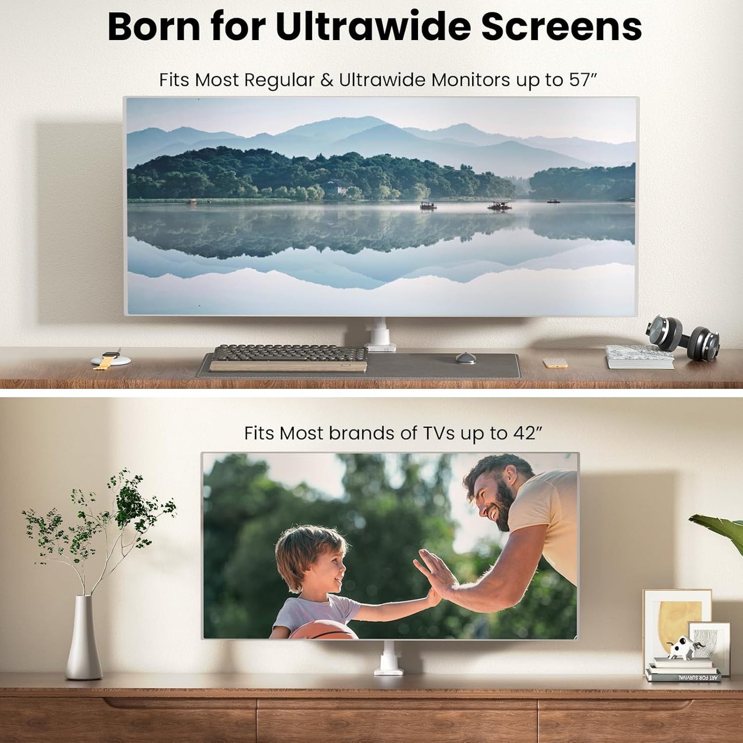 Monitor-Arm Ultrawide Heavy Duty 24-57'' - Aluminum Single Monitor Mount Holds up to 59.4lbs, Adjustable Desk Mount Stand, VESA75/100/200mm, White