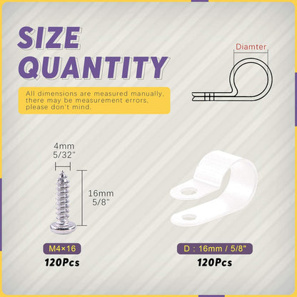 Swpeet 120 Pack White 5/8 Inch Nylon Plastic R-Type Cable Clips Clamp Kit, Nylon Screw Mounting Cord Fastener Clips with 120 Pack Screws for Wire Management (5/8 Inch, White)