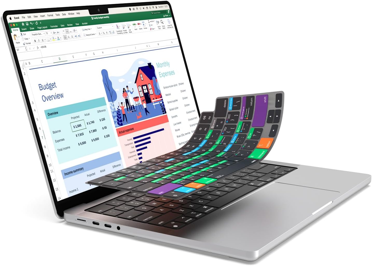 JCPal Microsoft Excel Shortcut Guide Keyboard Cover for Apple MacBook Pro 14 inch and MacBook Pro 16 inch (M1-M4 Models) and MacBook Air 13 inch and MacBook Air 15 inch (M2-M4 Models) (US-Layout)