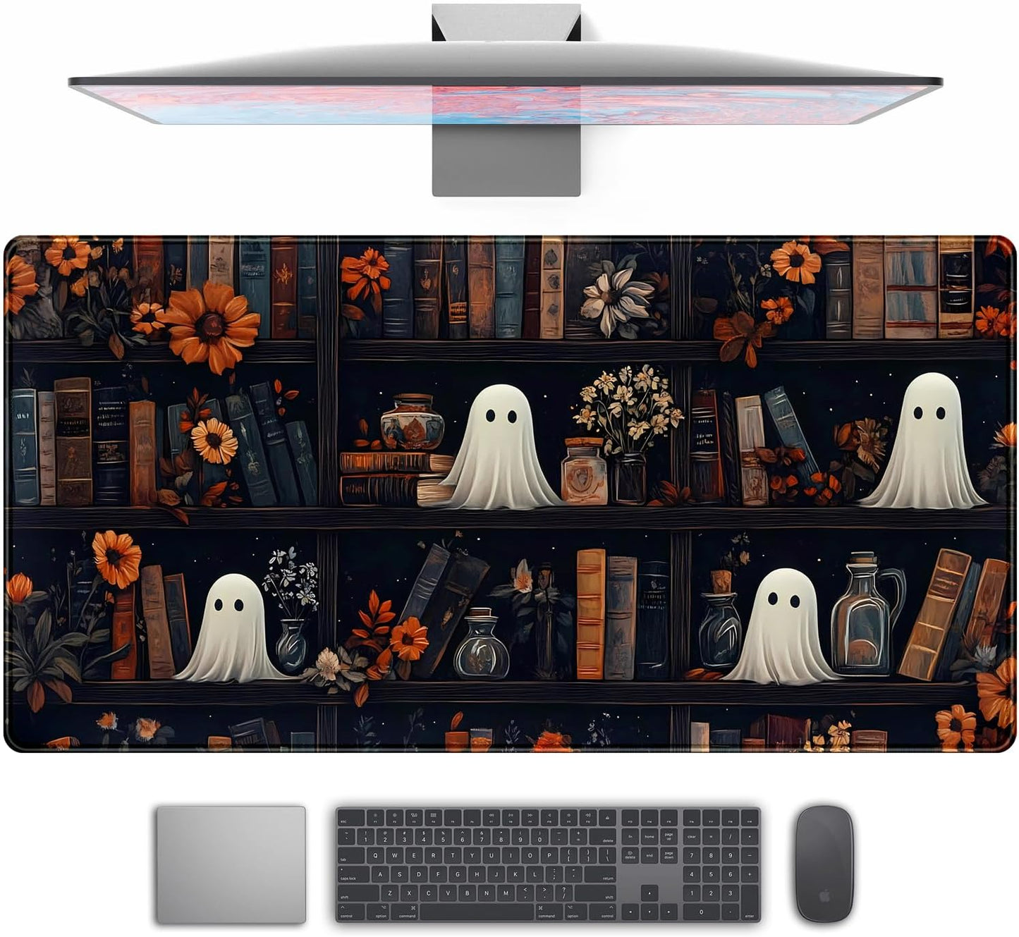 Cute Ghost Desk Mat Dark Vintage Large Mouse Pad Gaming Black Mouse Pad XXL Large Gaming Mousepad Desk Mat for Desktop Office Computer Laptop Keyboard and Mouse Mat - 31.5 X 15.7 in Desktop Protector