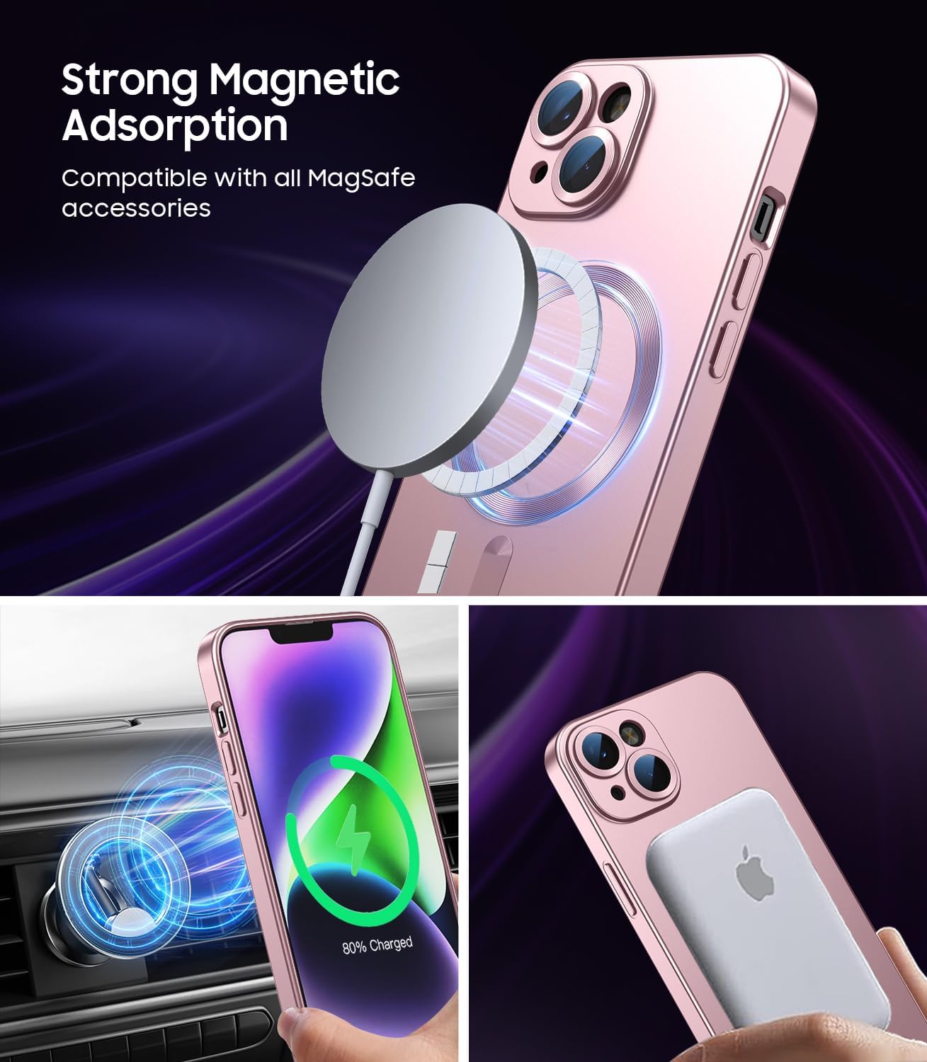 Magnetic for iPhone 14 Plus Case [Compatible with MagSafe][Built-in Camera Lens Protector] Slim Soft Silicone Bumper Shockproof Metallic Luster Phone Case (Rose Gold)