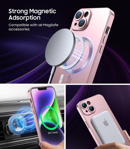 Magnetic for iPhone 15 Case [Compatible with MagSafe][Built-in Camera Lens Protector] Slim Soft Silicone Bumper Shockproof Metallic Shine Phone Case (Rose Gold)