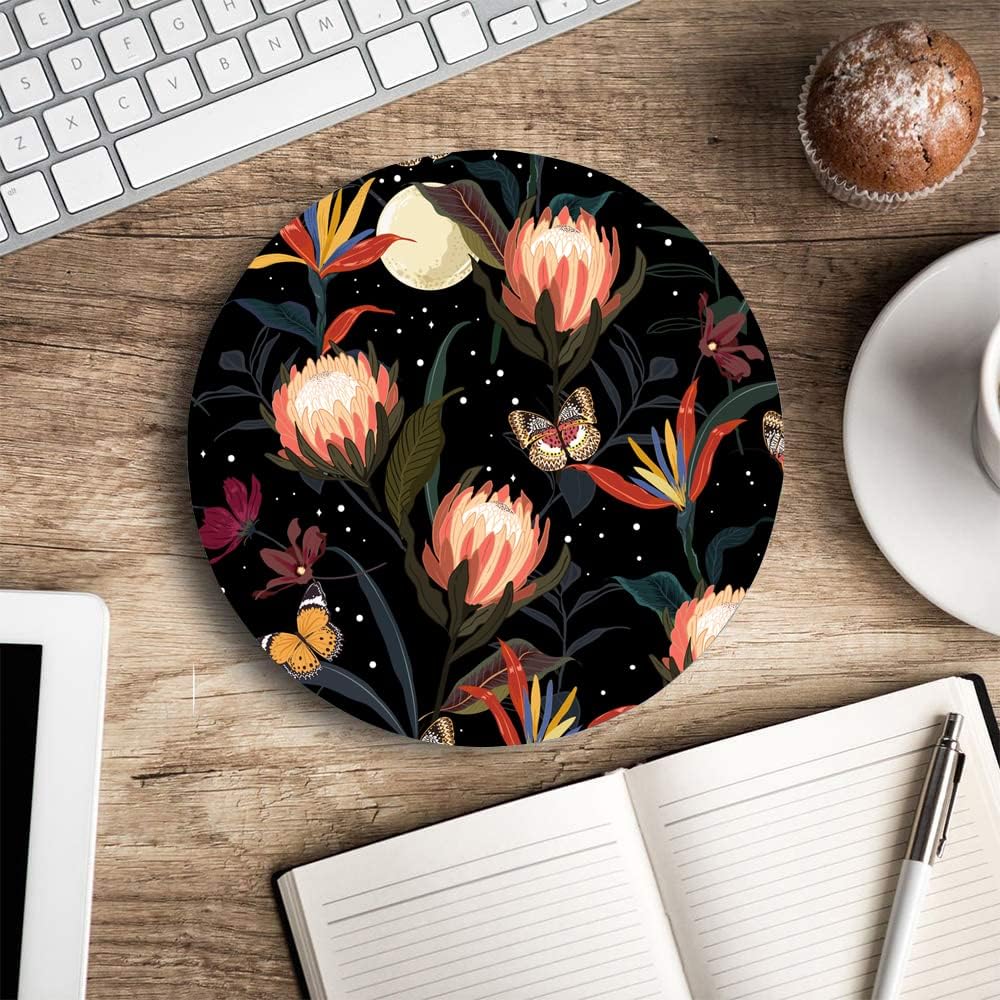 Mouse Pad Round, Cute Mouse Pad with Design, Floral Butterfly Mouse Mat, Non-Slip Rubber Base Mousepad, Waterproof Women Office Computer Mouse Pads