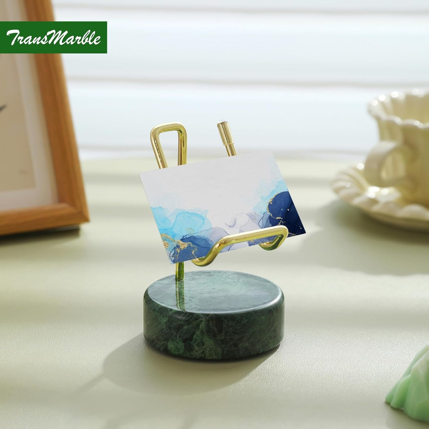 Marble Phone Stand with Metal Holder, Charging Available While Using, Swipe Up to Unlock, Made of Natural Marble as Business Card Holder for Office Desk (Emerald Green + Gold)