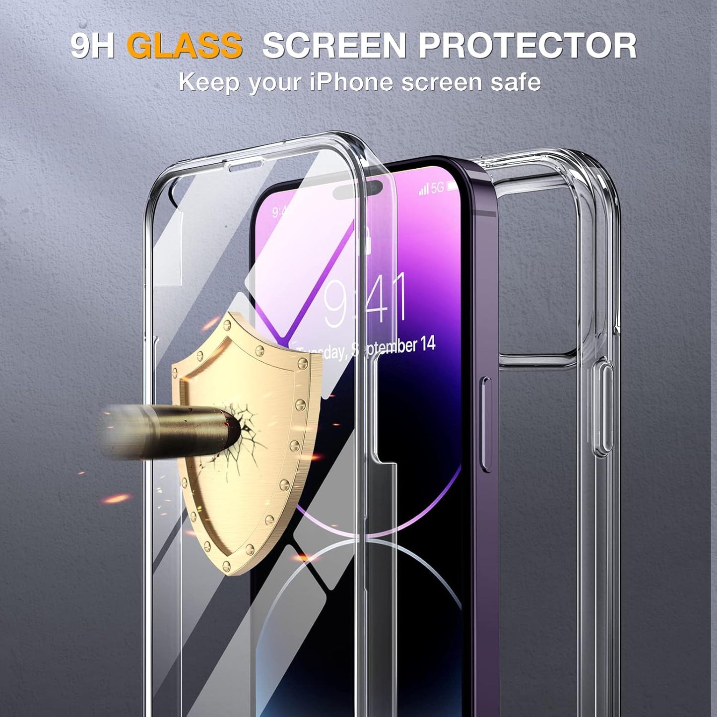 Miracase Glass Series Designed for iPhone 14 Pro Case 6.1 Inch, Upgrade Full-Body Bumper Case with Built-in 9H Tempered Glass Screen Protector, with Camera Lens Protector, Clear