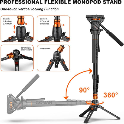 Professional Camera Monopod with Feet, 73.2 inch Aluminum Portable Travel Video Monopod with Removable Tripod Stand Base, Max Load 22 Lbs, New Q6 Fluid Head for DJI RS4 Manfrotto