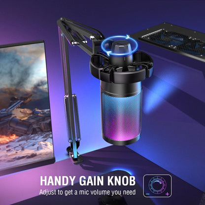 FIFINE Gaming PC USB Microphone, Podcast Condenser Mic with Boom Arm, Pop Filter, Mute Button for Streaming, Twitch, Online Chat, RGB Computer Mic for PS4/5 PC Gamer Youtuber-AmpliGame A6T