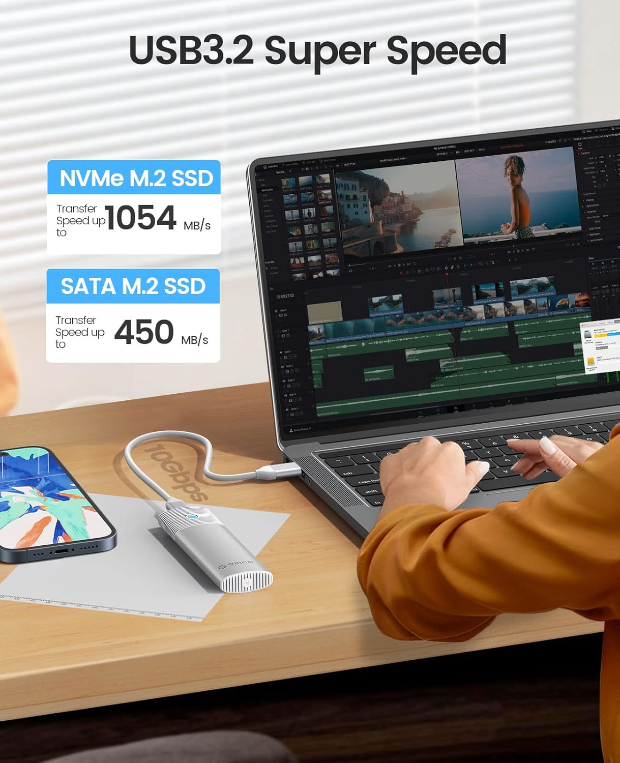 ORICO M.2 NVMe SATA SSD Enclosure Adapter Tool-Free, USB C 3.2 Gen 2 10Gbps NVMe, 5Gbps NGFF SATA PCIe M-Key(B+M Key) 2230/2242/2260/2280, Aluminum External M2 Reader Support UASP Trim- PWDM2-WH