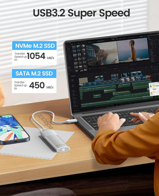 ORICO M.2 NVMe SATA SSD Enclosure Adapter Tool-Free, USB C 3.2 Gen 2 10Gbps NVMe, 5Gbps NGFF SATA PCIe M-Key(B+M Key) 2230/2242/2260/2280, Aluminum External M2 Reader Support UASP Trim- PWDM2-WH