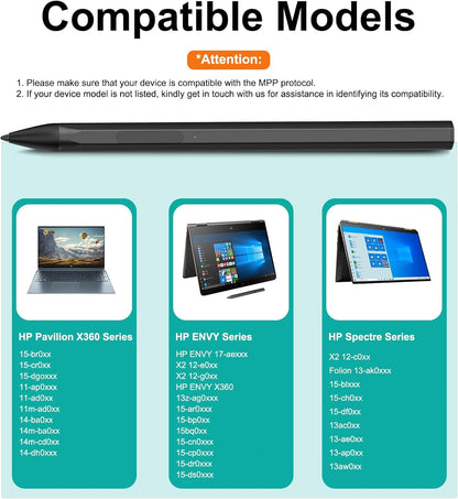 Stylus for HP Envy X360 Pavilion x360 Specter X360 Spectre x2 Envy x2 Touchscreen Laptop Rechargeable MPP 2.0 Tilt Pencil 4096 Pressure Sensitivity Using The Microsoft MPP Protocol, Black