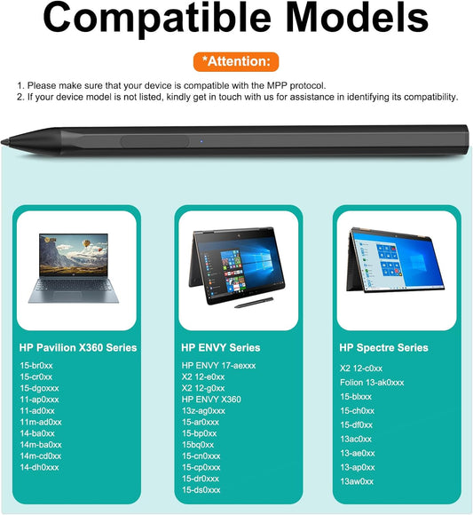 Stylus for HP Envy X360 Pavilion x360 Specter X360 Spectre x2 Envy x2 Touchscreen Laptop Rechargeable MPP 2.0 Tilt Pencil 4096 Pressure Sensitivity Using The Microsoft MPP Protocol, Black