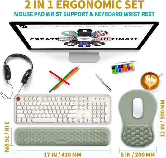 Hokafenle 2 in 1 Ergonomic Mouse Pad Wrist Support & Wrist Rest for Computer Keyboard Set, with Relieve Carpal Tunnel Pain Massage Bulge and Full Memory Gel Design (2In1 Set, Light Green)