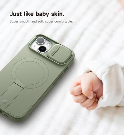 SURITCH for iPhone 15 Case with Magnetic Camera Slide Cover and Adjustable Kickstand, Compatible with MagSafe, Shockproof Bumper Case Slim Protective Cover 6.1 Inch, Green